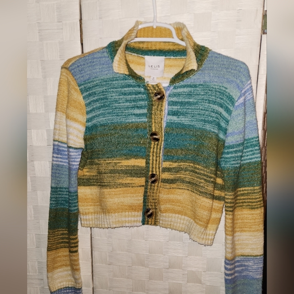 Le Lis Striped Cardigan in Green, Blue, and Yellow